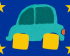 A playful, hand-painted illustration in a folk-art style. A small teal car with bright yellow, blocky wheels is centered against a solid dark blue background. Surrounding the car are four large, five-pointed yellow stars, positioned in each corner, evoking the imagery of the European Union flag. The painting has a visible texture, suggesting it was created with acrylics or gouache.