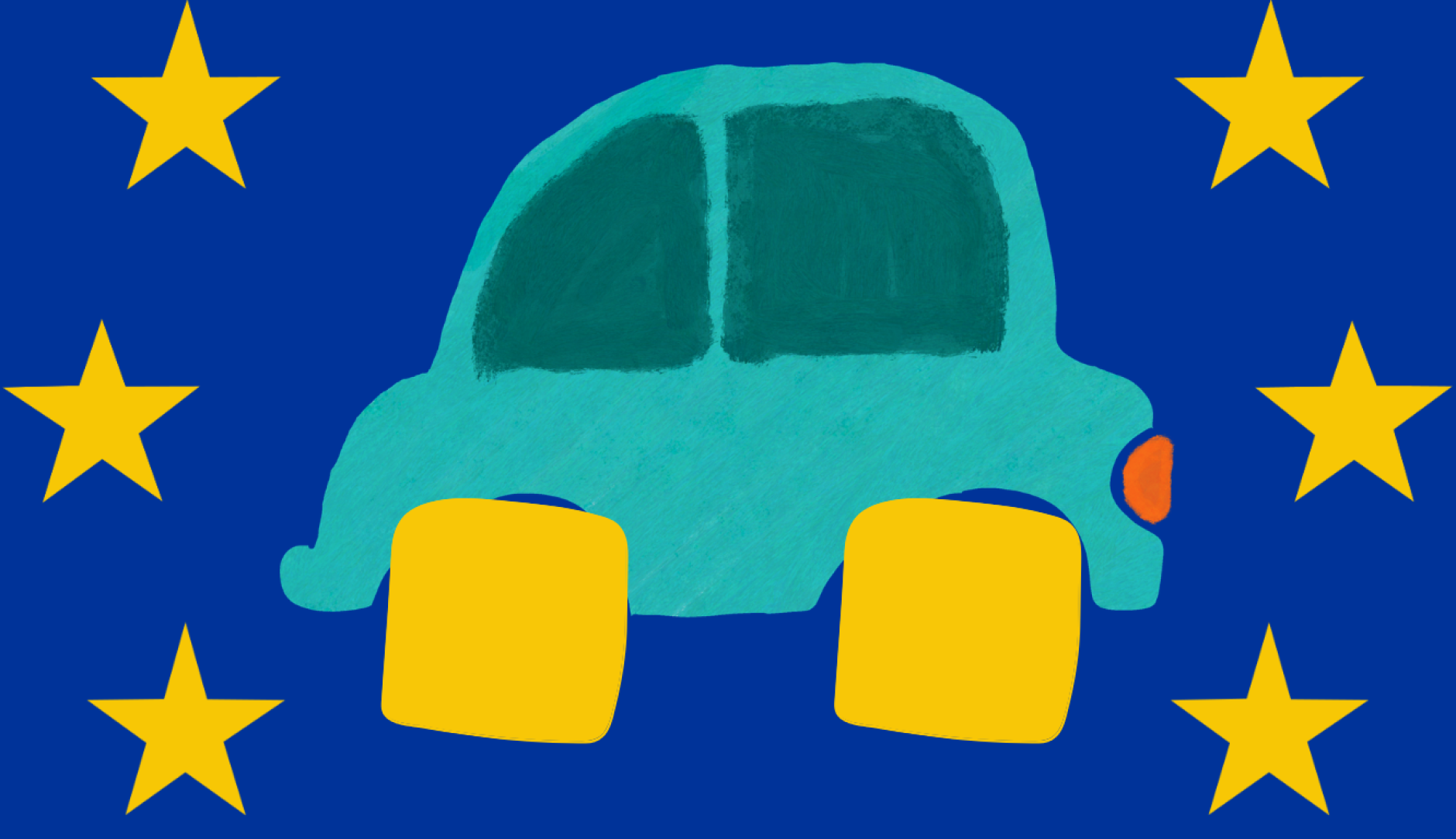 A playful, hand-painted illustration in a folk-art style. A small teal car with bright yellow, blocky wheels is centered against a solid dark blue background. Surrounding the car are four large, five-pointed yellow stars, positioned in each corner, evoking the imagery of the European Union flag. The painting has a visible texture, suggesting it was created with acrylics or gouache.