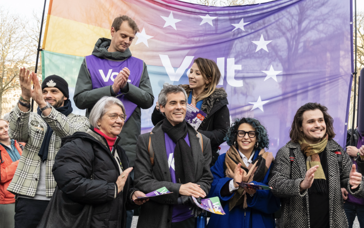 The newly elected board of Volt Europa gives a speech in front of members in Paris in November 2023.