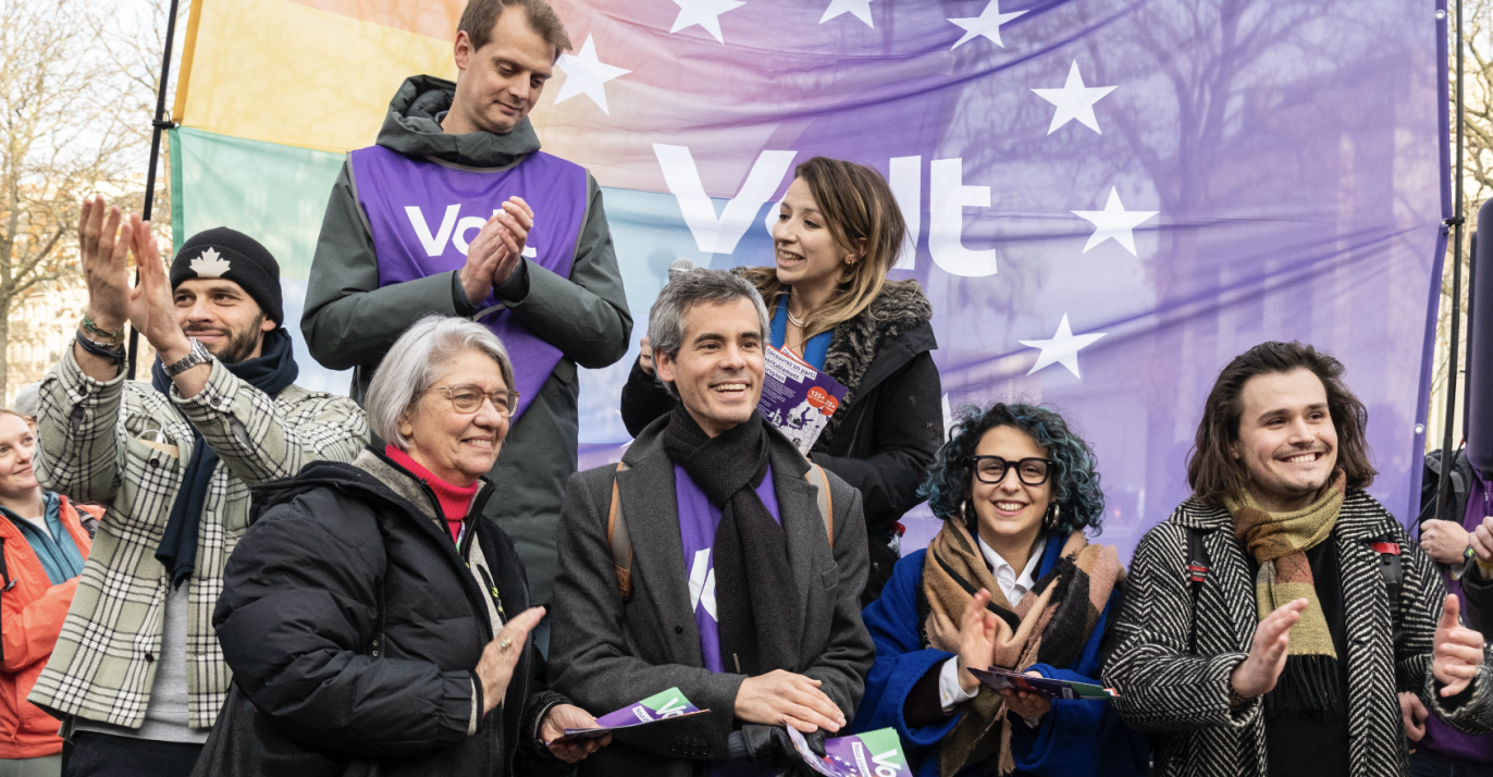 The newly elected board of Volt Europa gives a speech in front of members in Paris in November 2023.