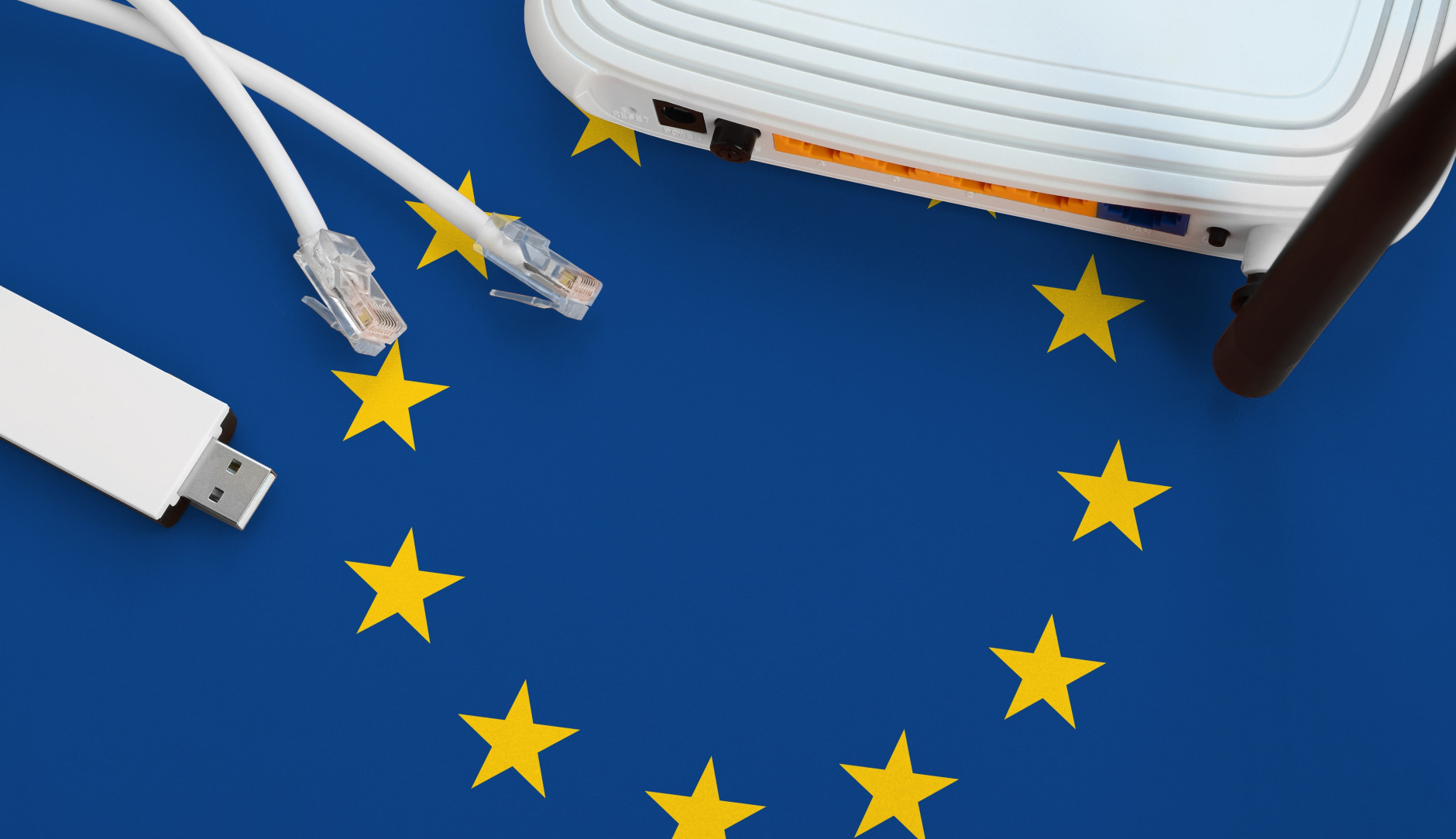 A flag of the European Union with on top of that a router, two ethernet cables, and a dongle.