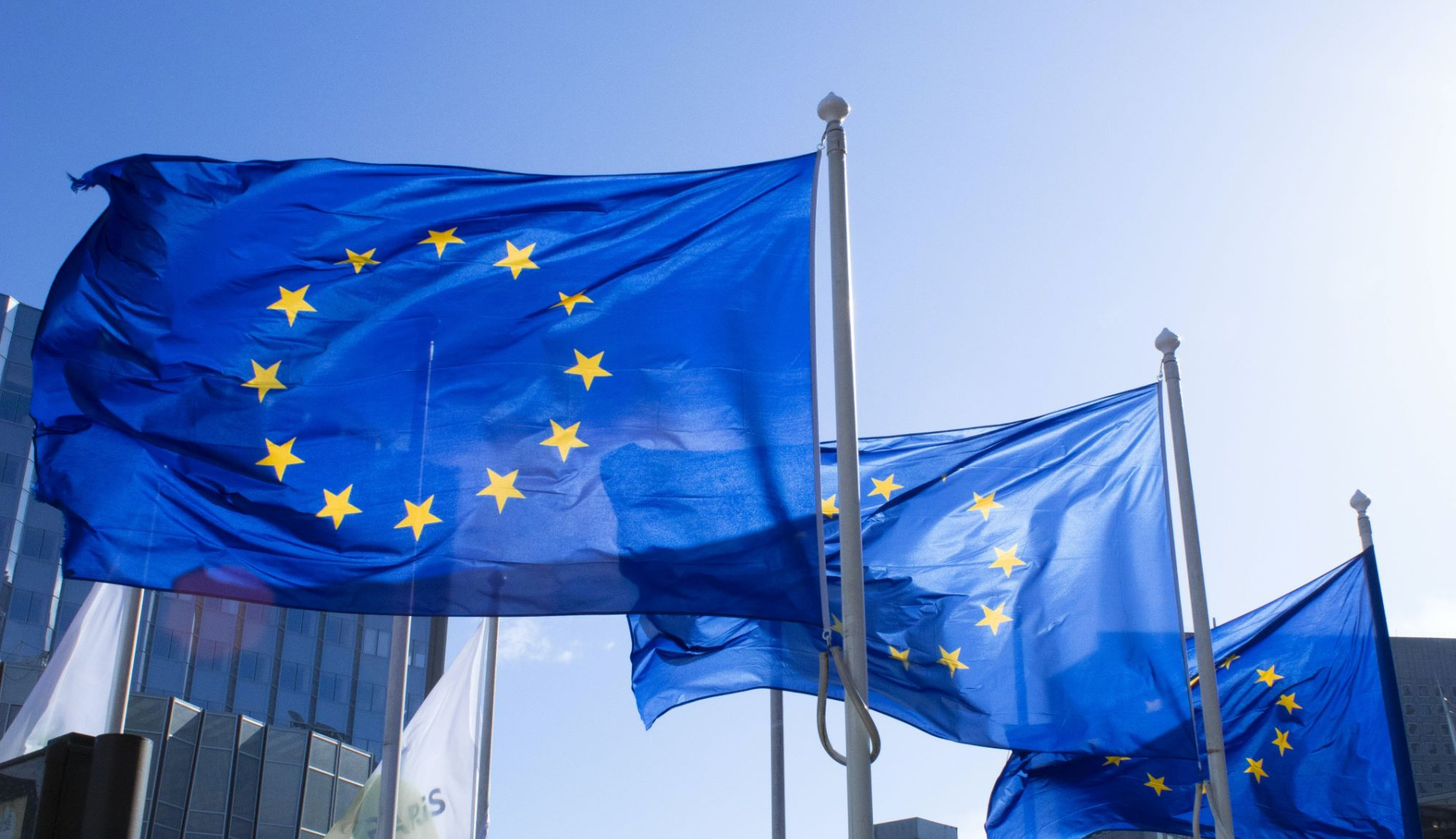Photograph of 3 EU flags waving in the wind