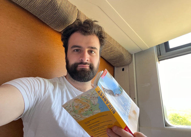 Jacob on the train from Berlin to Bucharest