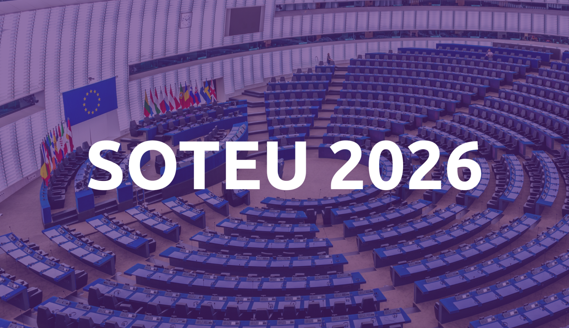 An overhead view of the empty European Parliament chamber in Strasbourg with rows of curved blue desks, overlaid with a purple filter and prominent white text in the center reading 