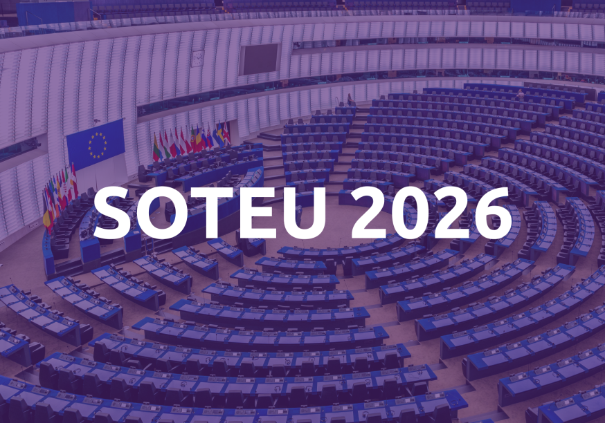An overhead view of the empty European Parliament chamber in Strasbourg with rows of curved blue desks, overlaid with a purple filter and prominent white text in the center reading 