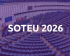 An overhead view of the empty European Parliament chamber in Strasbourg with rows of curved blue desks, overlaid with a purple filter and prominent white text in the center reading 