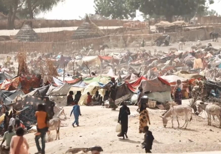 This image shows a densely populated refugee or displaced persons camp in a dry, dusty, sunlit environment, likely in Sudan or a bordering region.  In the foreground, the ground is bare dirt with scattered dry brush. Several people are visible, including figures in dark clothing and a child in blue. Donkeys are prominent on the right side and in the center.  The middle ground and background are filled with numerous makeshift shelters and tents constructed from various materials, including tarps, blankets, and natural elements like straw or sticks. Many of the tents are low to the ground and packed closely together. Behind the main camp area, there are traditional, round, thatched-roof huts (tukuls) and a protective fence or barrier made of natural materials.  The overall impression is one of overcrowding and basic living conditions under a harsh, dry climate, suggesting a humanitarian crisis setting.
