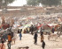 This image shows a densely populated refugee or displaced persons camp in a dry, dusty, sunlit environment, likely in Sudan or a bordering region.  In the foreground, the ground is bare dirt with scattered dry brush. Several people are visible, including figures in dark clothing and a child in blue. Donkeys are prominent on the right side and in the center.  The middle ground and background are filled with numerous makeshift shelters and tents constructed from various materials, including tarps, blankets, and natural elements like straw or sticks. Many of the tents are low to the ground and packed closely together. Behind the main camp area, there are traditional, round, thatched-roof huts (tukuls) and a protective fence or barrier made of natural materials.  The overall impression is one of overcrowding and basic living conditions under a harsh, dry climate, suggesting a humanitarian crisis setting.