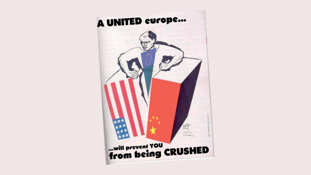 An old style image that looks like a magazine cover, where the EU does not allow itself to be crushed by the UE and China.