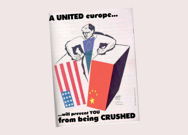 An old style image that looks like a magazine cover, where the EU does not allow itself to be crushed by the UE and China.