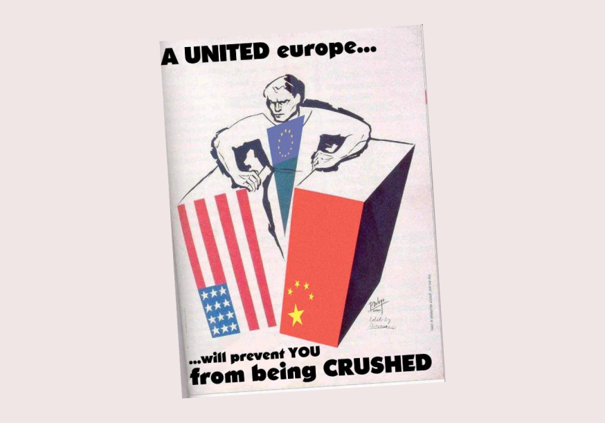 An old style image that looks like a magazine cover, where the EU does not allow itself to be crushed by the UE and China.