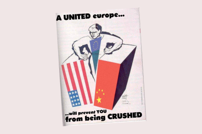 An old style image that looks like a magazine cover, where the EU does not allow itself to be crushed by the UE and China.