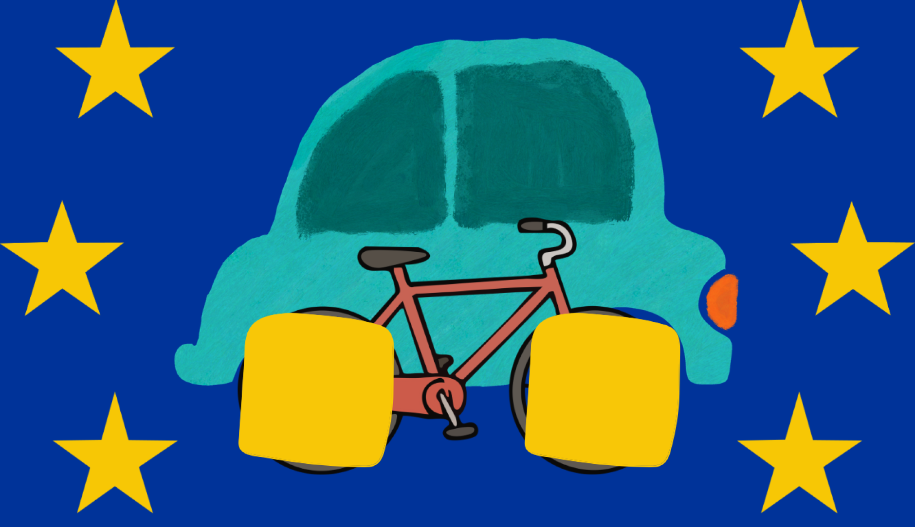 A stylized, hand-painted illustration on a dark blue background featuring four yellow five-pointed stars, reminiscent of the European Union flag. In the center is a light blue car with a red bicycle superimposed over it. The wheels of both the car and the bicycle are replaced by two large, rounded yellow squares, creating a whimsical and metaphorical visual of mismatched modes of transport.