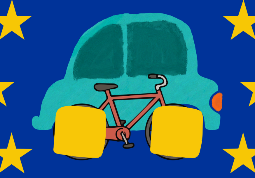 A stylized, hand-painted illustration on a dark blue background featuring four yellow five-pointed stars, reminiscent of the European Union flag. In the center is a light blue car with a red bicycle superimposed over it. The wheels of both the car and the bicycle are replaced by two large, rounded yellow squares, creating a whimsical and metaphorical visual of mismatched modes of transport.